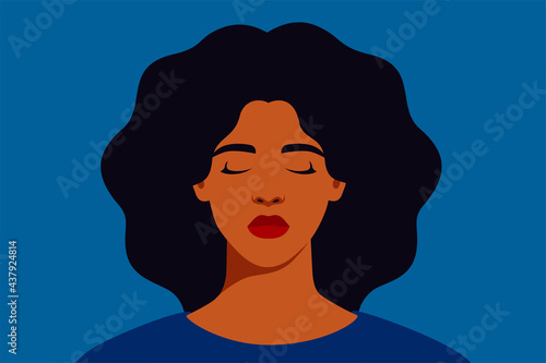 Sad black woman with closed eyes on a blue background. Portrait of weeping girl emotions grief. Unhappy African American female feels depression. Mental health concept. Vector illustration