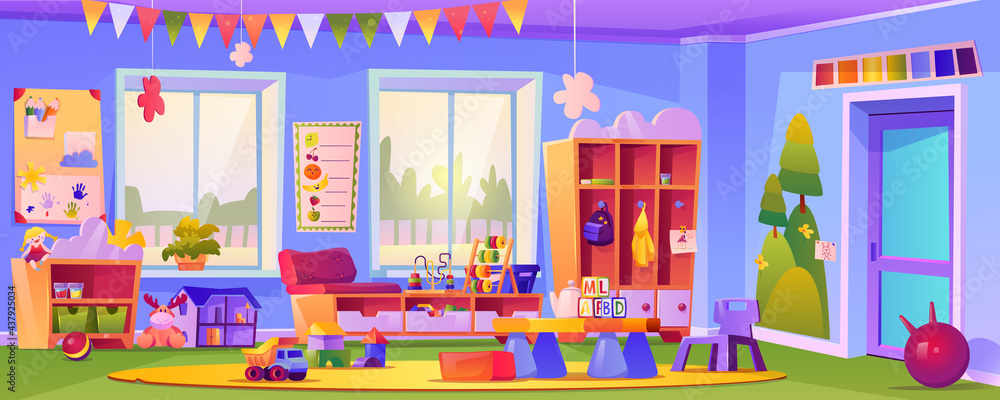 Obraz premium Interior of empty kindergarten classroom, room with toys and educational cubes. Education and obtaining knowledge for pupils, preschool learning and studying by games. Cartoon vector in flat style