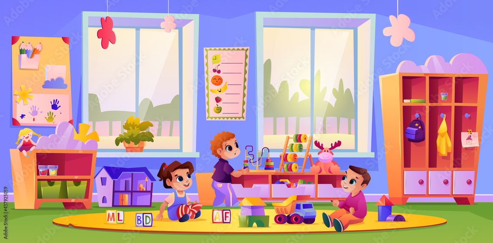 Boys and girl at kindergarten or daycare playing toys together. Communication and socialization of children, entertainment and leisure for kids at school. Cartoon character, vector in flat style
