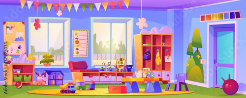 Interior of empty kindergarten classroom, room with toys and educational cubes. Education and obtaining knowledge for pupils, preschool learning and studying by games. Cartoon vector in flat style