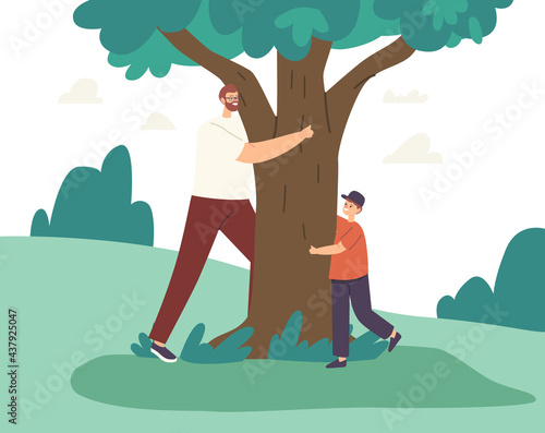 Happy Father and Son Hugging, Love Tree, Playing Hide and Seek and Run around. Family Characters Outdoor Recreation
