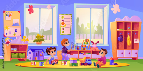 Boys and girl at kindergarten or daycare playing toys together. Communication and socialization of children, entertainment and leisure for kids at school. Cartoon character, vector in flat style