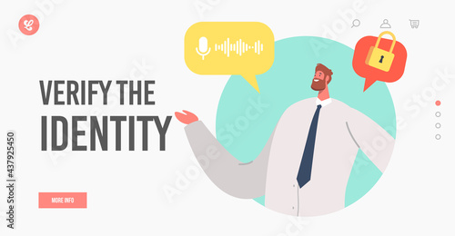 Verify the Identity Landing Page Template. Businessman Character Voice Recognition System, Access to Profile in Internet