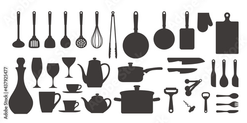 Cookware, tableware. silhouette kitchen icon set.