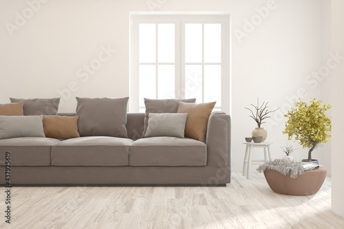 Soft color living room with sofa. Scandinavian interior design. 3D illustration © AntonSh