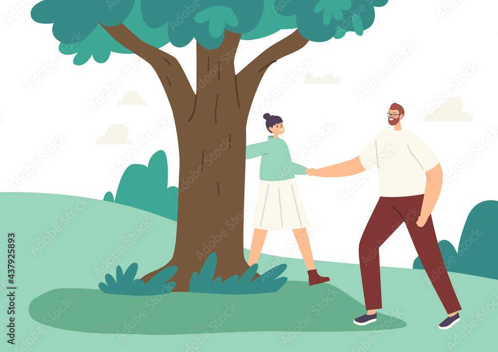 Happy Father and Daughter Hugging Tree, Summer Time Activity. Family Characters Outdoor Recreation, Game, Dad and Girl Happy Father and Daughter Hugging Tree, Summer Time Activity. Family Characters Outdoor Recreation, Game, Dad and Girl