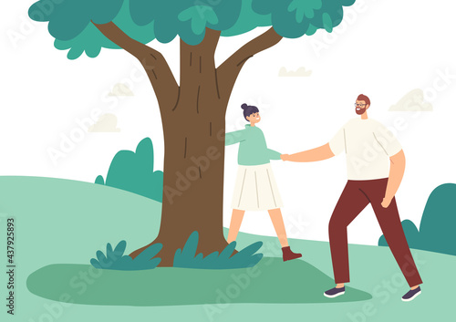 Happy Father and Daughter Hugging Tree, Summer Time Activity. Family Characters Outdoor Recreation, Game, Dad and Girl