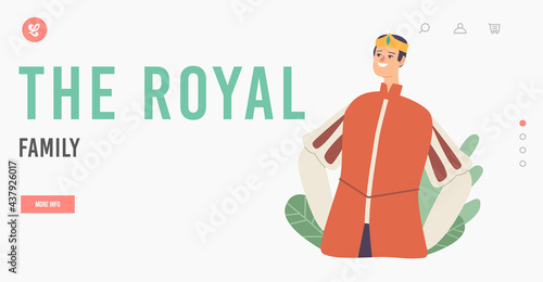 Fototapeta Naklejka Na Ścianę i Meble -  Royal Family Landing Page Template. Middle Ages Prince Character in Crown and Costume, Historical Personage, Past Times