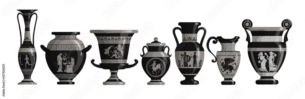 Set of antique Greek dark amphoras, vases with patterns, decorations and life scenes. Ancient decorative pots isolated on white background, old clay jugs, ceramic pottery. Vector illustration