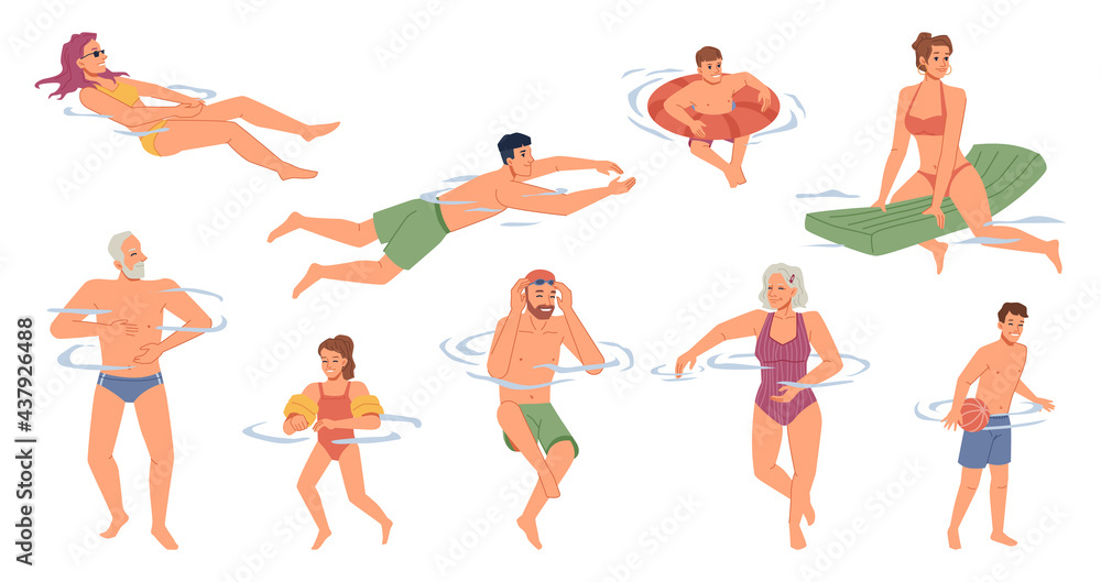People in swimsuits swimming in pool, river, sea ocean waters isolated flat cartoon characters set. Vector swimmers, summer sport activities, hobby recreation. Man woman, kids and senior in swimwear People in swimsuits swimming in pool, river, sea ocean waters isolated flat cartoon characters set. Vector swimmers, summer sport activities, hobby recreation. Man woman, kids and senior in swimwear