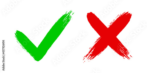 Cross x and tick v OK check mark vector illustration isolated on white background. Two dirty grunge hand drawn brush strokes Check mark symbol NO and YES buttons for vote in checkbox for web.