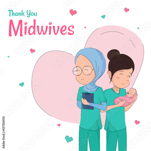 Thank You To The Doctors, Nurses, Paramedics, Midwives, Researchers And All Frontline Workers. Simple Midwives character illustration