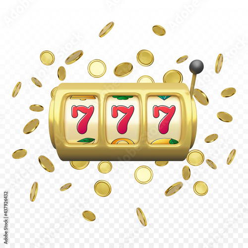 Golden slot machine realistic render. Big win on jackpot casino win. 777 on slot machine wheels and coins rain on background. Vector