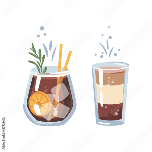 Tasty cocktail non-alcoholic beverage with liqueur and sweet flavour. Old fashioned whiskey with orange and ice cubes and rosemary. Bars and pubs menu and drinks. Vector in flat cartoon style