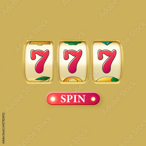 Golden slot machine realistic render. Big win on jackpot casino win. 777 on slot machine wheels and spin button. Vector