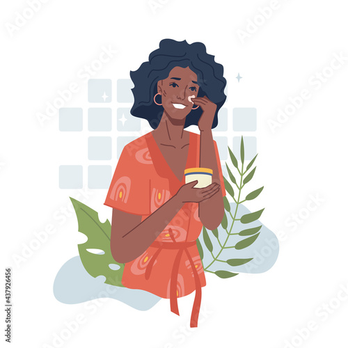 Afro american girl take care of face, apply cream or herbal essential oil. Vector black woman use natural organic cosmetics, skincare and facial massages, moisturizing and daily hygiene routine