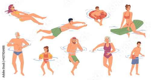 People in swimsuits swimming in pool, river, sea ocean waters isolated flat cartoon characters set. Vector swimmers, summer sport activities, hobby recreation. Man woman, kids and senior in swimwear