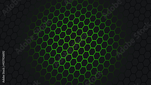 Green backdrop and abstract background of black hexagons