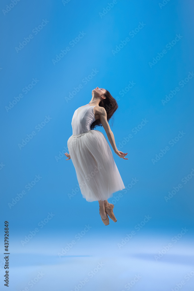 Young and graceful ballet dancer isolated on blue studio background. Art, motion, action, flexibility, inspiration concept. Young and graceful ballet dancer isolated on blue studio background. Art, motion, action, flexibility, inspiration concept.