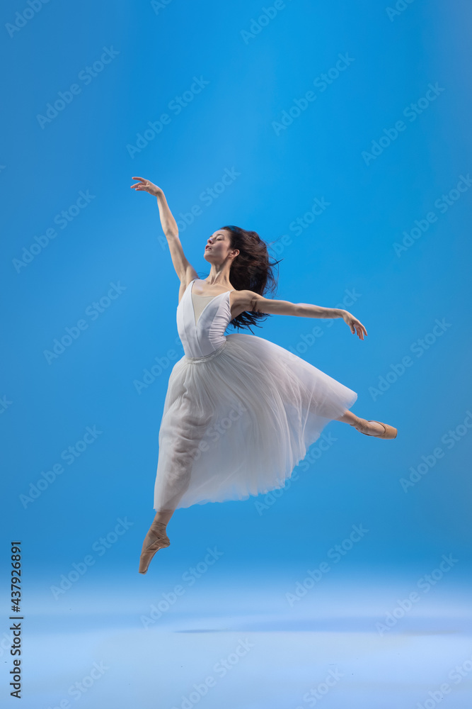Young and graceful ballet dancer isolated on blue studio background. Art, motion, action, flexibility, inspiration concept. Young and graceful ballet dancer isolated on blue studio background. Art, motion, action, flexibility, inspiration concept.