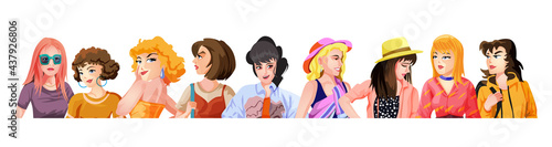 Collection of portraits of cute funny young stylish women. Set of modern female avatars. Flat cartoon vector illustration. Bundle of smiling hipster girls with different hairstyles and accessories