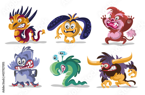 Cartoon Monsters set. Vector set of cartoon monsters isolated. Design for print, party decoration, t-shirt, illustration, logo, emblem or sticker