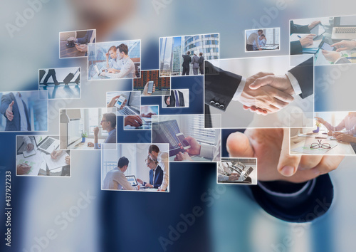 Businessman touching photo on screen, abstract images of business and finance situations, team meeting, shaking hands, travels