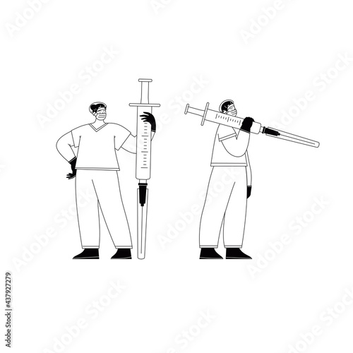 Black and white illustration of two doctors standing in heroic poses holding giant syringes. Covid vaccination concept