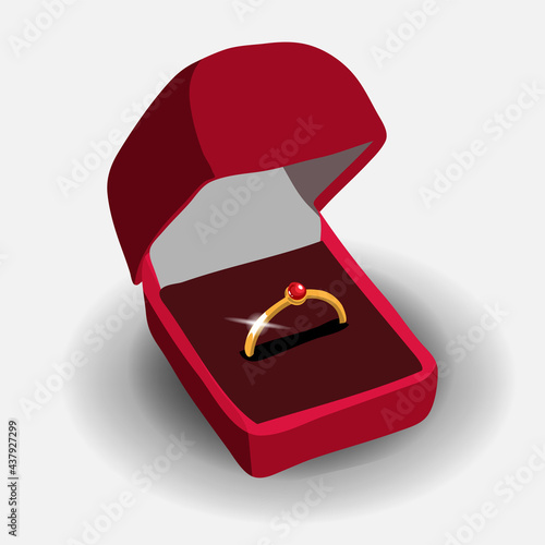 Vector Gold Engagement Ring with Red Shiny Clear precious stone in Red Jewelry box Close up Isolated on White Background