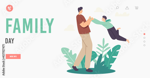 Family Day Landing Page Template. Happy Dad Character Whirling and Spinning Son Around, Father Playing with Child