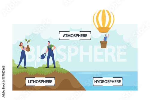 People Presenting Biosphere Infographics. Earth Atmosphere, Lithosphere and Hydrospehre. Tiny Characters Watering Plants