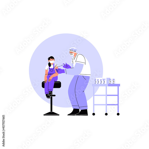 The kids doctor vaccinates the patient. A girl getting her covid vaccine shot