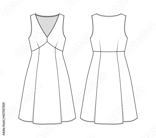 Fashion technical drawing of sleeveless dress with deep neckline