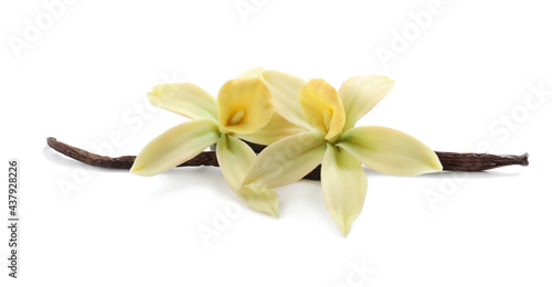 Aromatic vanilla sticks and beautiful flowers on white background