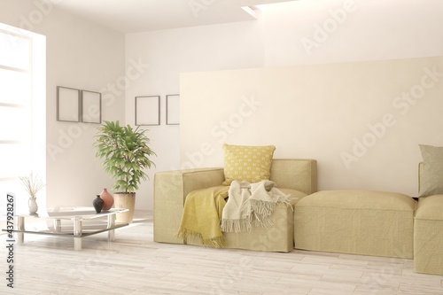 White living room with sofa. Scandinavian interior design. 3D illustration