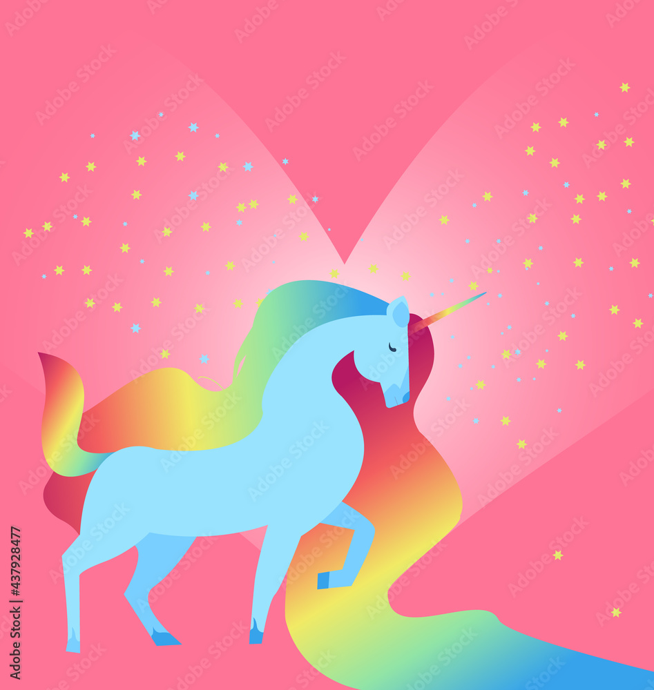 Magic blue rainbow unicorn on pink background with stars and hearts. Editable vector illustration Magic blue rainbow unicorn on pink background with stars and hearts. Editable vector illustration