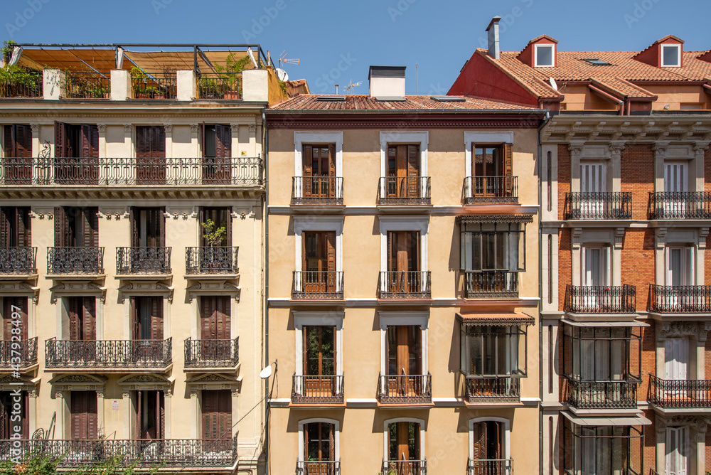 Facades of historic buildings in the center of Madrid