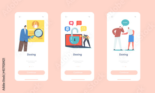 Doxing Mobile App Page Onboard Screen Template. Hacker Character Gathering Individuals Sensitive Data and Make It Public