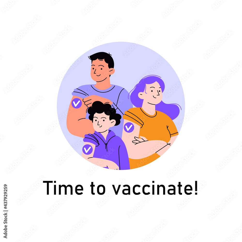 A portrait of a family just vaccinated. A man a woman and a child with patches on their shoulders A portrait of a family just vaccinated. A man a woman and a child with patches on their shoulders