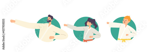 Set of Family Characters Training Martial Arts. Father and Children Wearing Kimono with Colorful Belts Fighting Sport