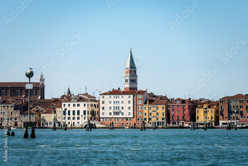 Urban Skyline of Venice with the Bell Tower of San Marco (Campanile), and the Basilica and Cathedral (St. Mark the evangelist), seen from the lagoon, UNESCO world heritage site, Veneto, Italy, Europe. © Alberto Masnovo