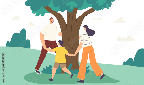 Love Tree Concept. Togetherness, Outdoor Environmental Activity Summer Recreation. Mother, Father and Child Hold Hands