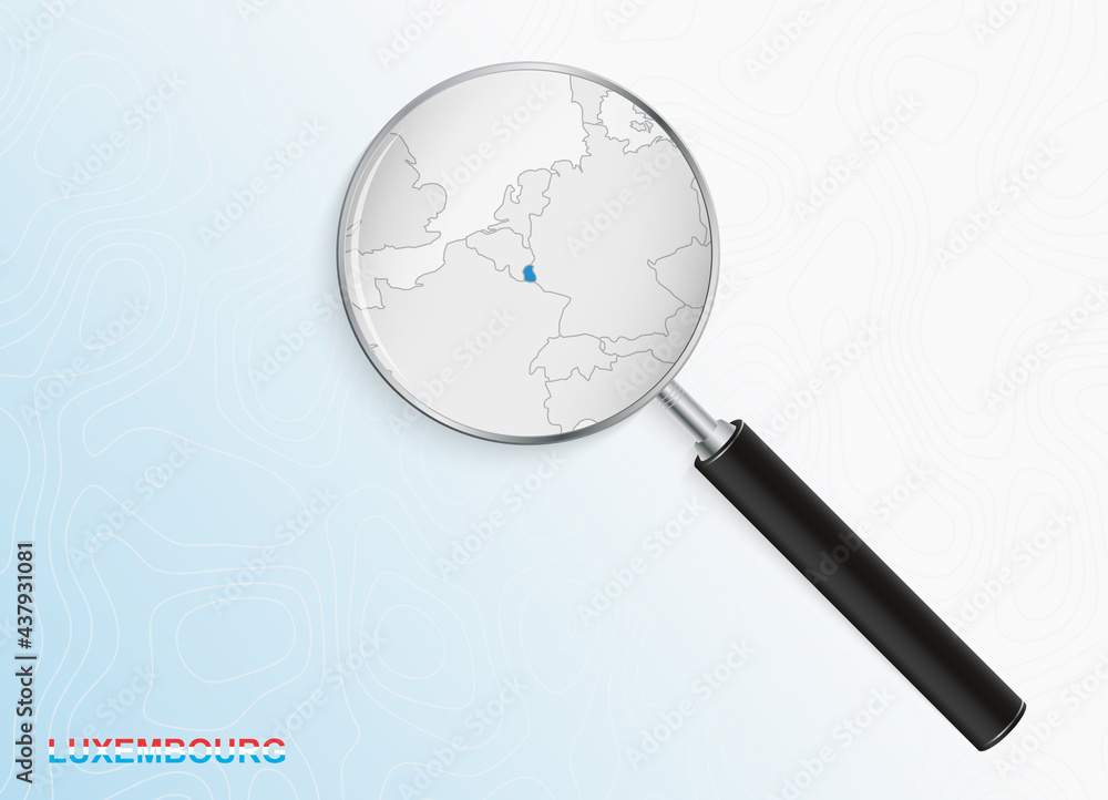 Magnifier with map of Luxembourg on abstract topographic background.
