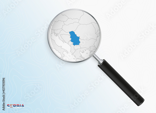 Magnifier with map of Serbia on abstract topographic background.
