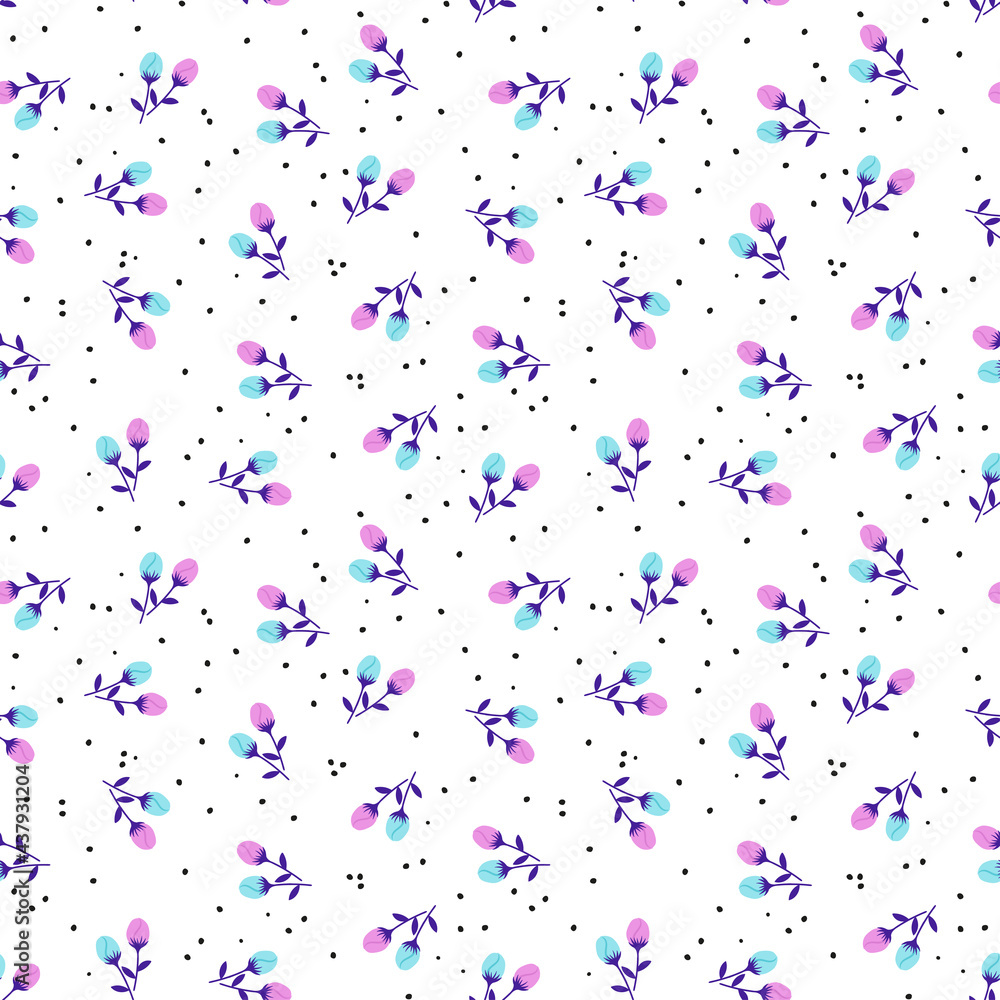Seamless pattern with blue and pink flower buds