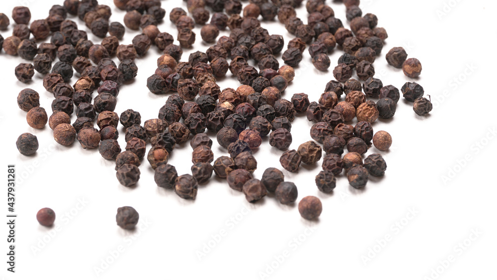 Group of Organic Black pepper isolated on white background. Selective focus and Top view (Flat Lay) Group of Organic Black pepper isolated on white background. Selective focus and Top view (Flat Lay)