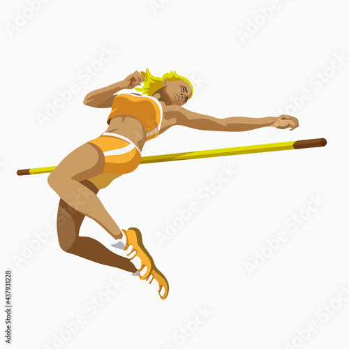 Cartoon sportsman woman character jumping over bar during competition. Individual sport. High jump events. Athlete wearing sportswear.White background. Drawn in a flat style