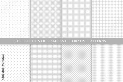Collection of seamless ornamental patterns. White and gray decorative textures. Abstract styilsh delicate backgrounds
