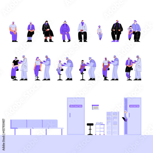 Collection of covid vaccination related objects and illustrations. Doctors nurses patients and hospital interior.