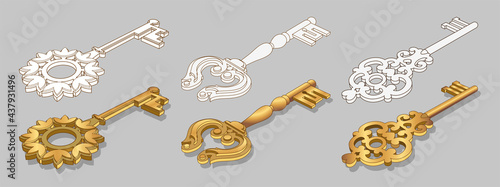 Old gold keys collection isolated on transparent background. Vector 3d set of vintage decorative golden keys for lock, house door or treasure. 3d shiny symbols of secret, security and privacy